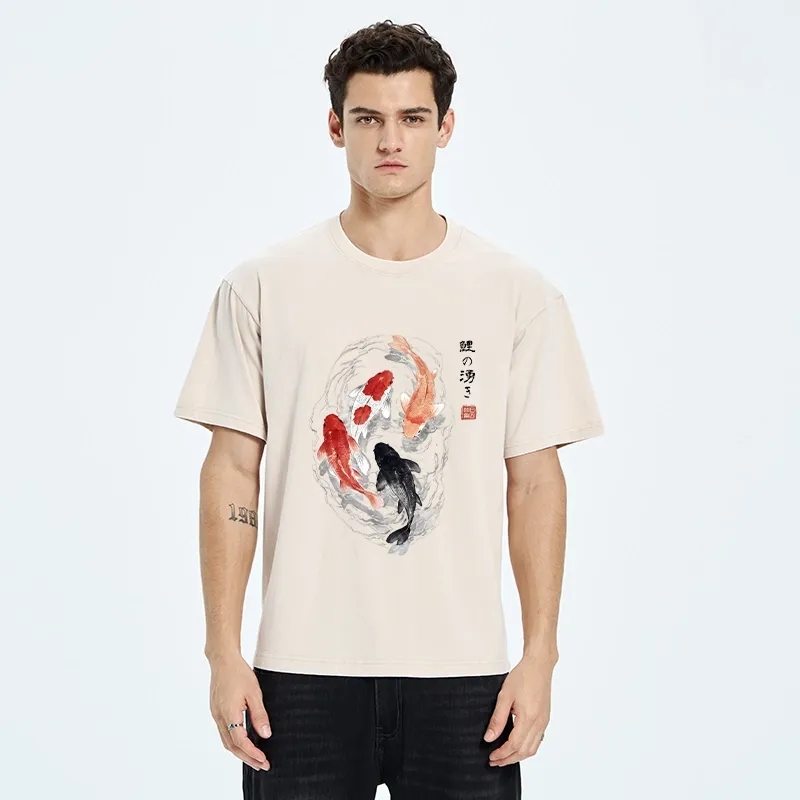 Tokyo-Tiger Koi Fish Flow In Traditional Ink Style Washed T-Shirt