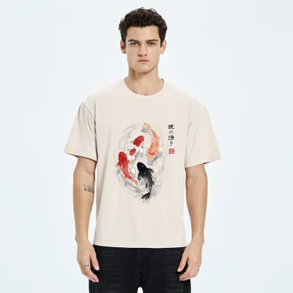 Tokyo-Tiger Koi Fish Flow In Traditional Ink Style Washed T-Shirt