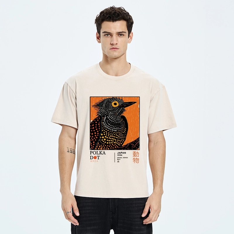 Tokyo-Tiger Polka Dot Bird Japanese Art Poster Washed T-Shirt