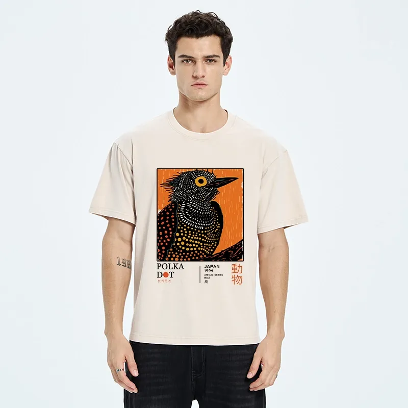 Tokyo-Tiger Polka Dot Bird Japanese Art Poster Washed T-Shirt
