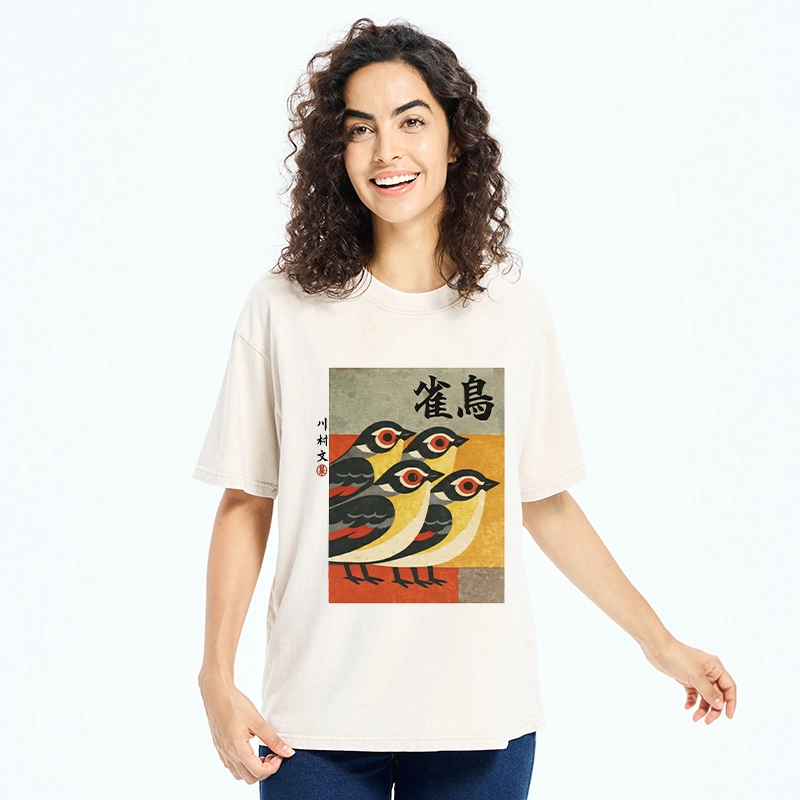 Tokyo-Tiger Cute Sparrows In Retro Japanese Print Washed T-Shir