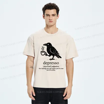 Tokyo-Tiger Funny  Crow Coffee Depresso Woodblock Washed T-Shirt