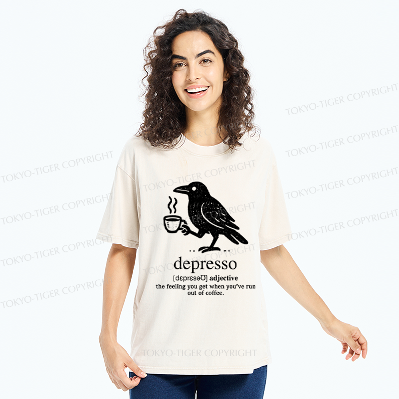 Tokyo-Tiger Funny  Crow Coffee Depresso Woodblock Washed T-Shirt