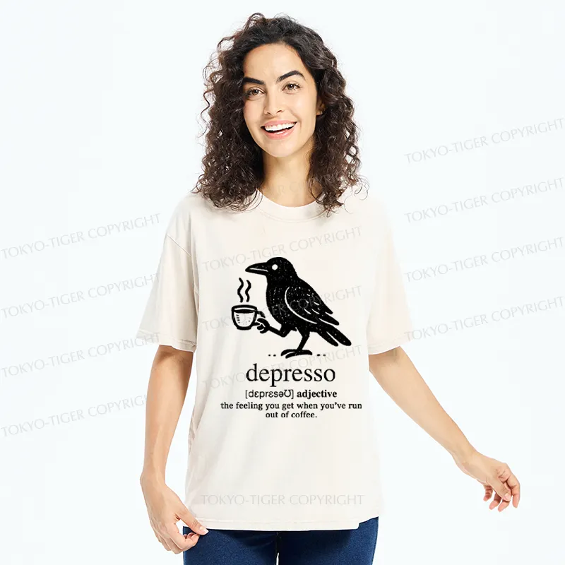 Tokyo-Tiger Funny  Crow Coffee Depresso Woodblock Washed T-Shirt