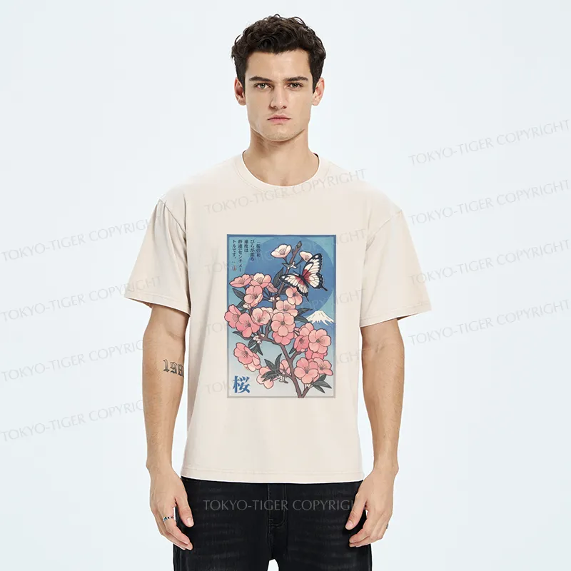 Tokyo-Tiger Ukiyoe Japanese Cherry blossoms Poster Washed T-Shirt