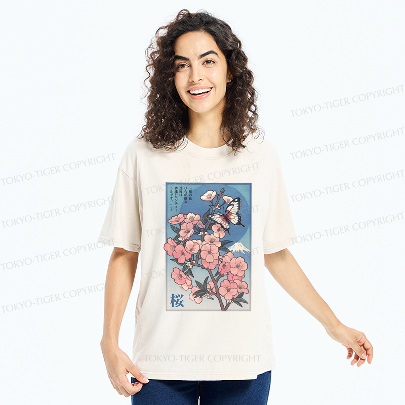 Tokyo-Tiger Ukiyoe Japanese Cherry blossoms Poster Washed T-Shirt