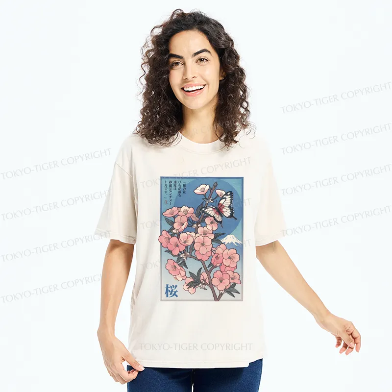 Tokyo-Tiger Ukiyoe Japanese Cherry blossoms Poster Washed T-Shirt