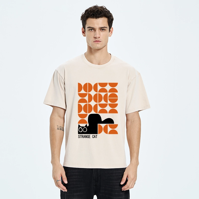 Tokyo-Tiger Black Cat Geometric Pattern Washed T-Shirt