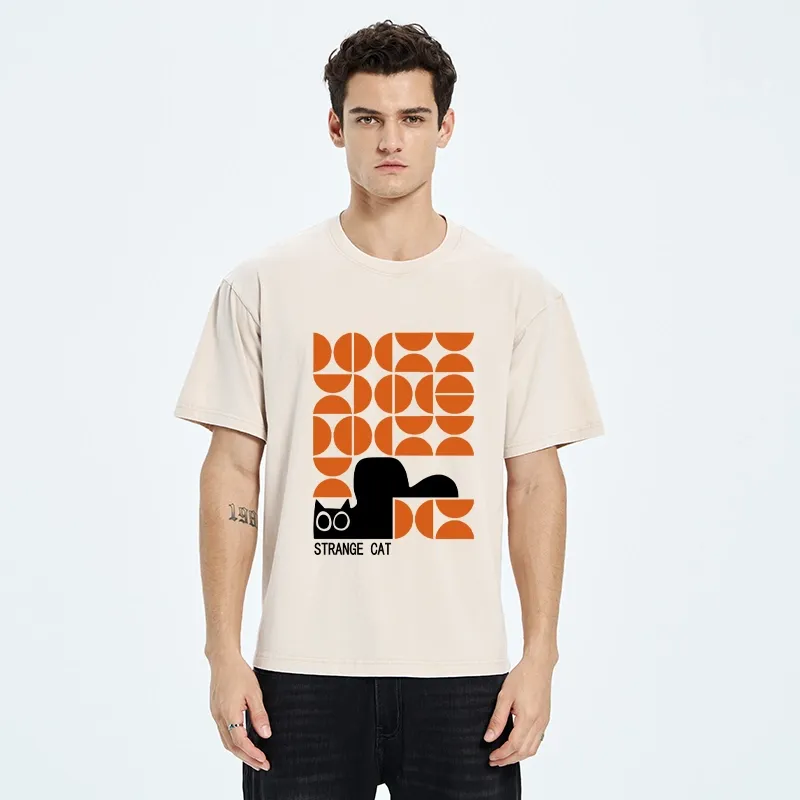 Tokyo-Tiger Black Cat Geometric Pattern Washed T-Shirt