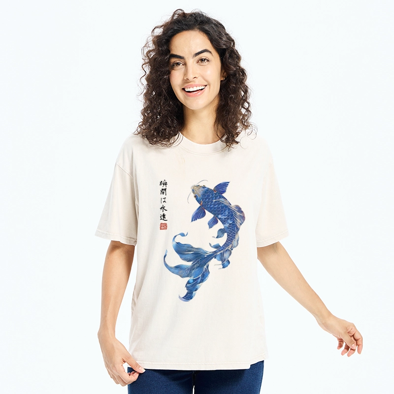 Tokyo-Tiger Lucky Blue Koi Fish Art Washed T-Shirt