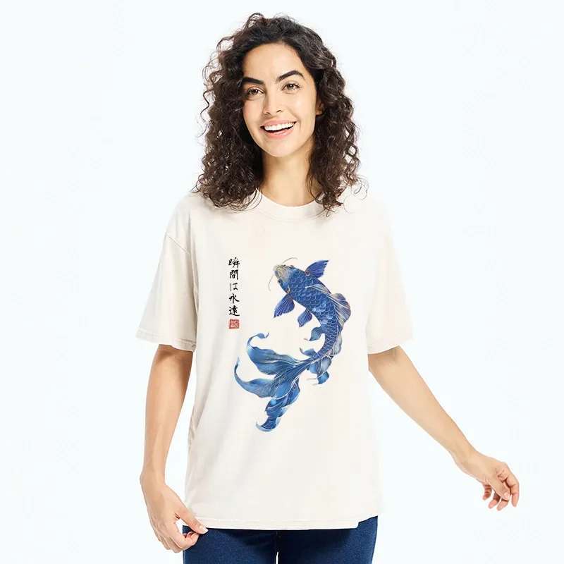 Tokyo-Tiger Lucky Blue Koi Fish Art Washed T-Shirt