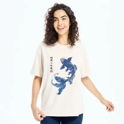 Tokyo-Tiger Lucky Blue Koi Fish Art Washed T-Shirt