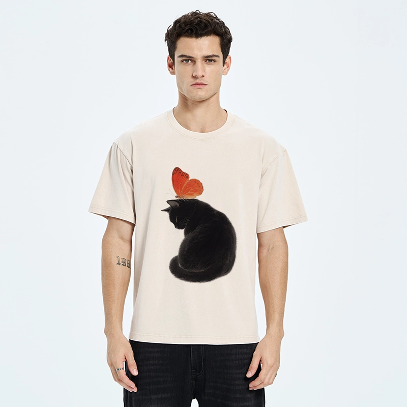 Tokyo-Tiger Black Cat With Orange Butterfly Washed T-Shirt