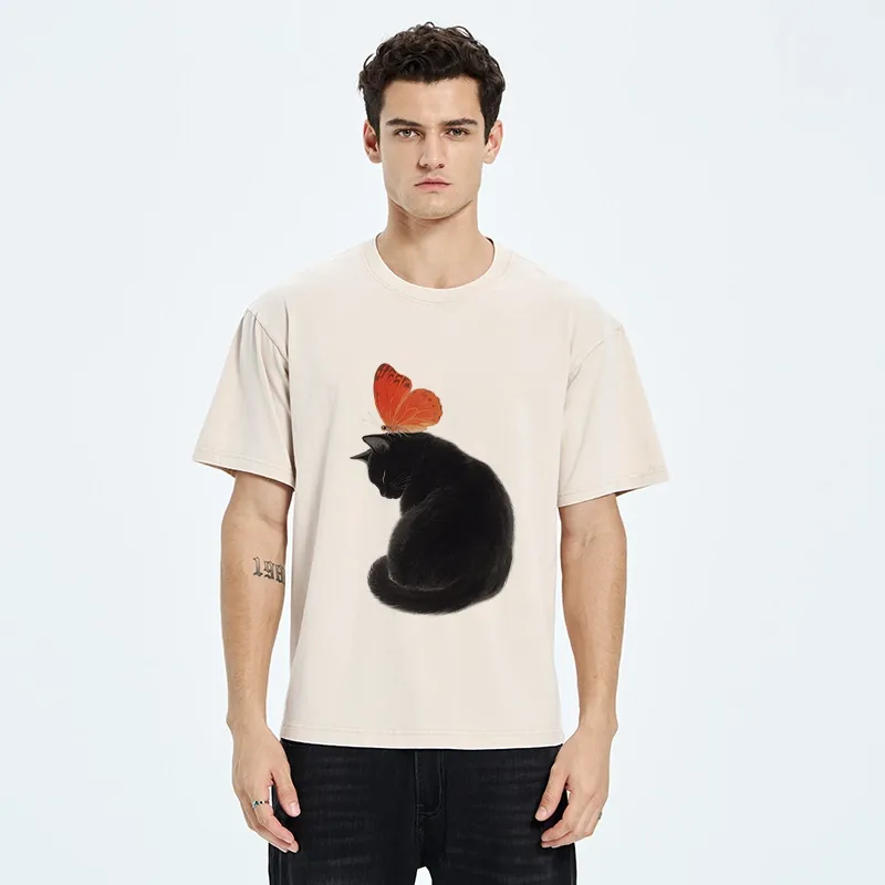 Tokyo-Tiger Black Cat With Orange Butterfly Washed T-Shirt