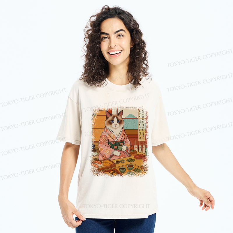 Tokyo-Tiger Ukiyoe Japanese Cat Princess Teahouse Washed T-Shirt