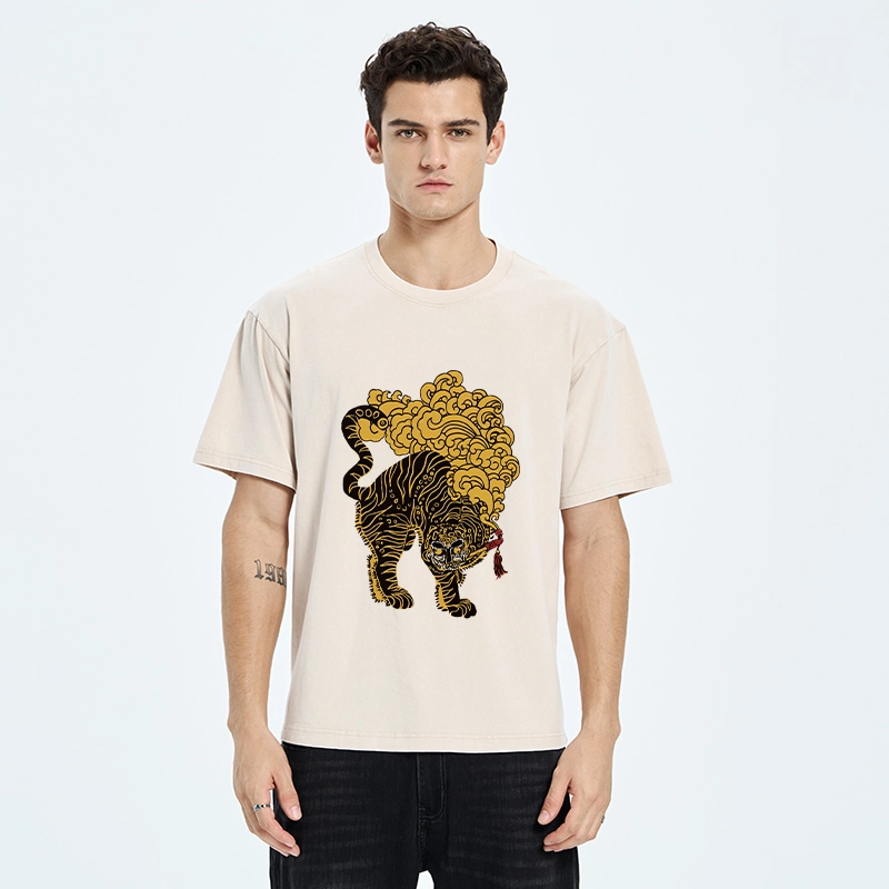Tokyo-Tiger Black And Gold Tiger With Clouds Washed T-Shirt