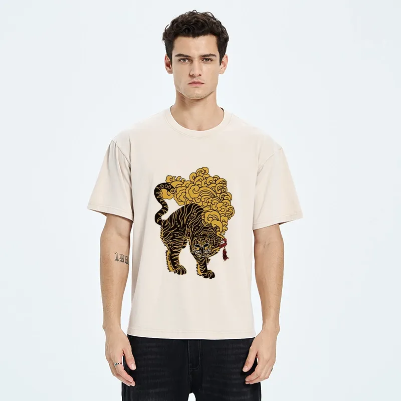 Tokyo-Tiger Black And Gold Tiger With Clouds Washed T-Shirt