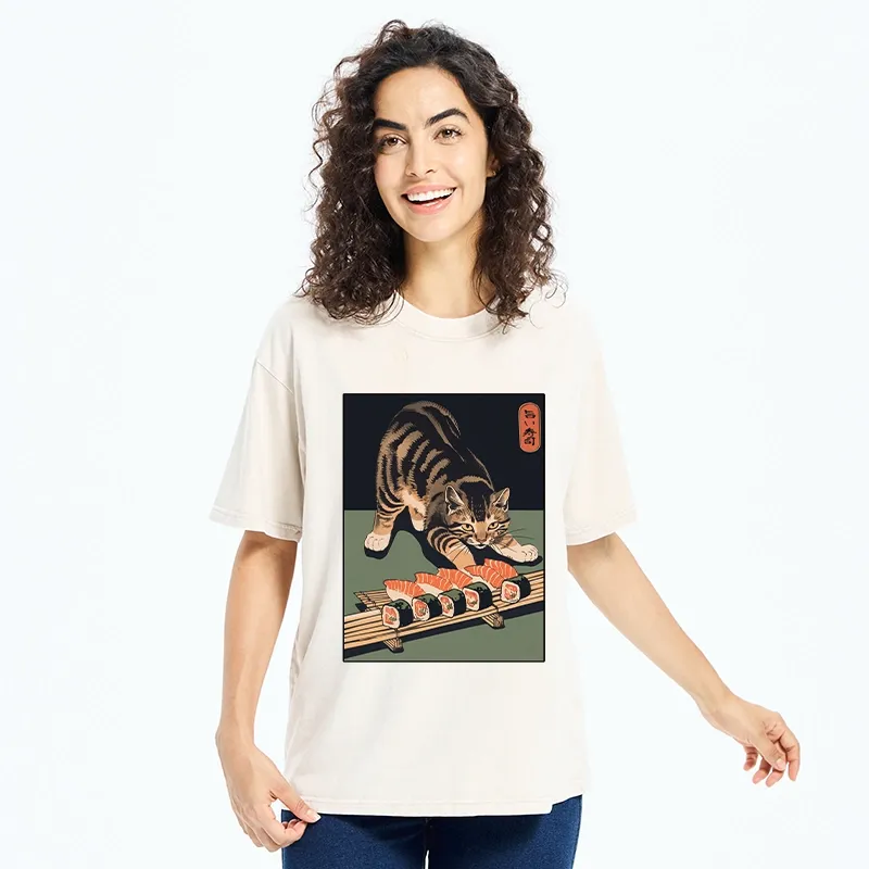 Tokyo-Tiger Cat Trying To Steal Sushi Washed T-Shirt