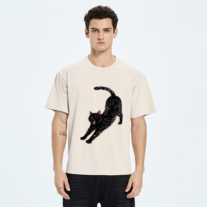 Tokyo-Tiger Dreamy Black Cat Yawning And Stretching Washed T-Shirt