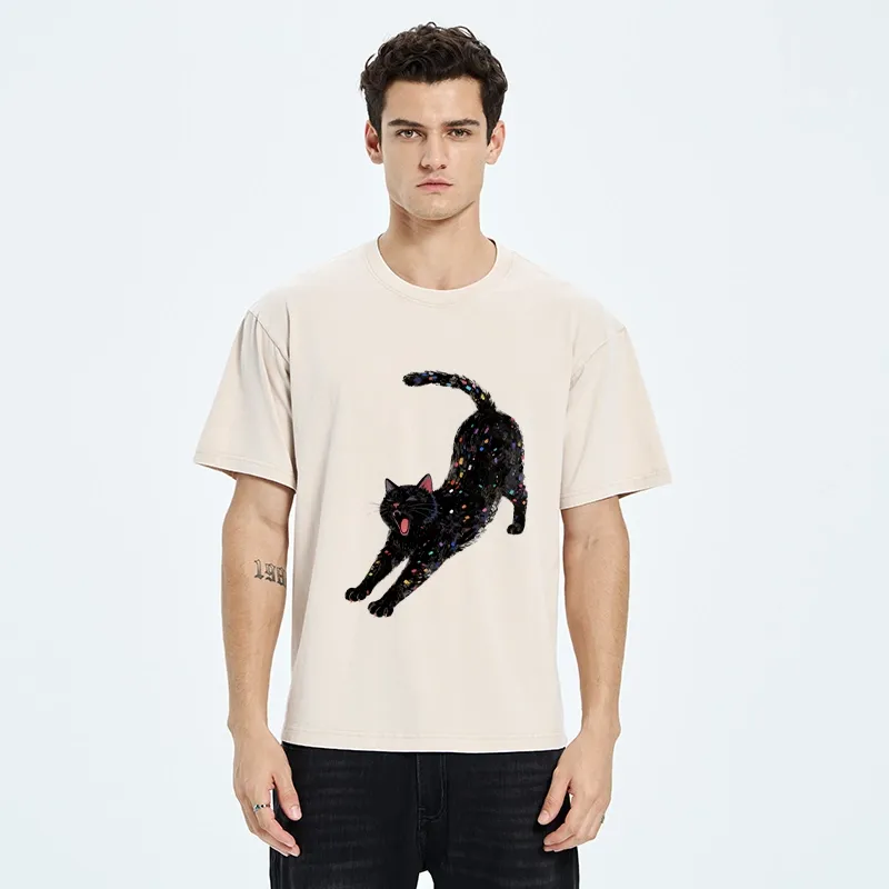 Tokyo-Tiger Dreamy Black Cat Yawning And Stretching Washed T-Shirt