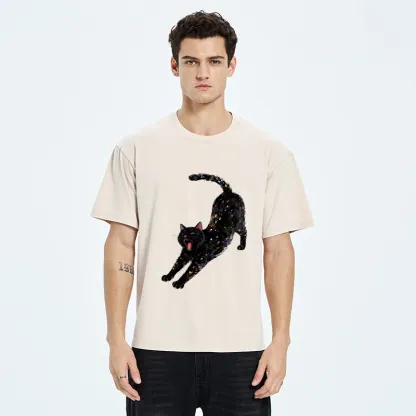 Tokyo-Tiger Dreamy Black Cat Yawning And Stretching Washed T-Shirt