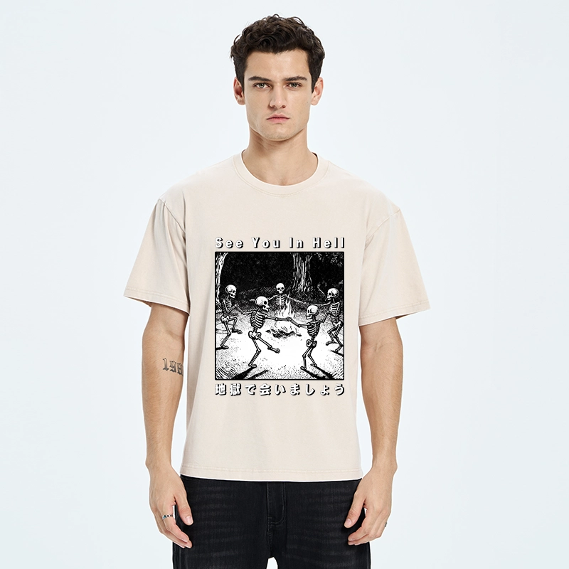 Tokyo-Tiger Funny Skeleton Hell Party Washed T-Shirt