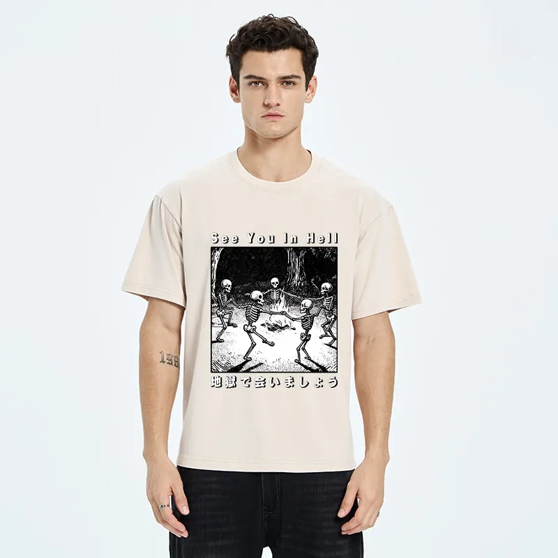 Tokyo-Tiger Funny Skeleton Hell Party Washed T-Shirt