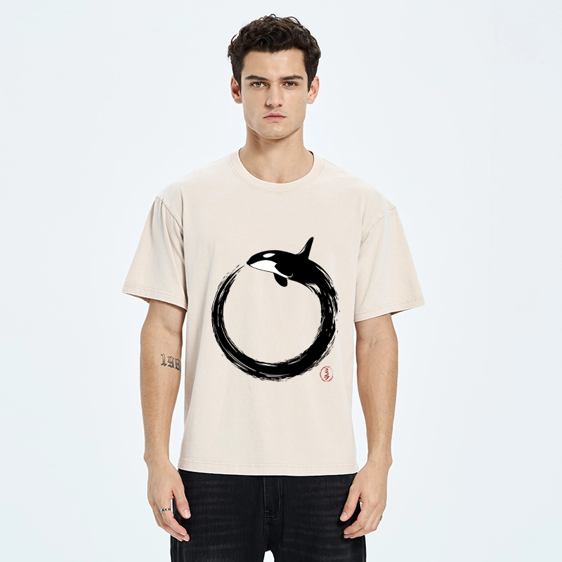 Tokyo-Tiger Orca In Black Ink Circle Washed T-Shirt
