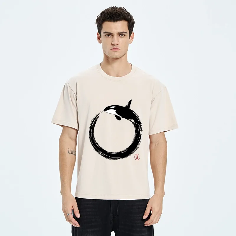 Tokyo-Tiger Orca In Black Ink Circle Washed T-Shirt