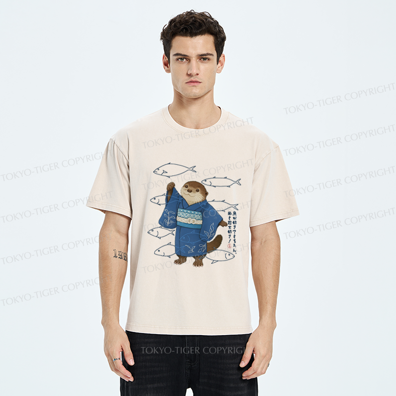 Tokyo-Tiger Funny Ukiyoe Otter and Fish Washed T-Shirt