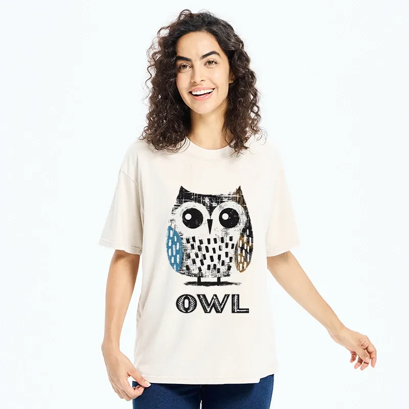 Tokyo-Tiger Minimalist Owl Illustration Print Washed T-Shirt