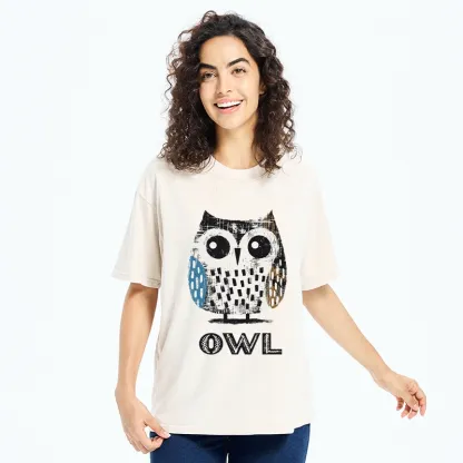 Tokyo-Tiger Minimalist Owl Illustration Print Washed T-Shirt