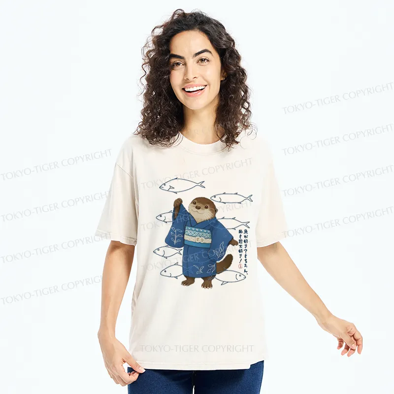Tokyo-Tiger Funny Ukiyoe Otter and Fish Washed T-Shirt