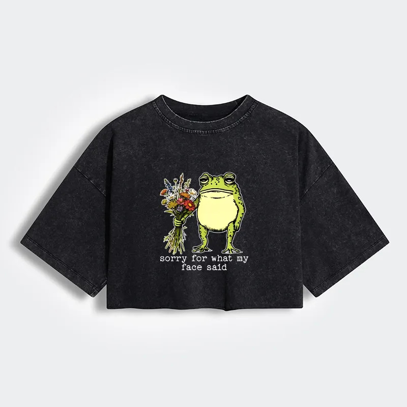 Tokyo-Tiger Frog Sorry Mode Activated Women's Washed Crop T-Shirt