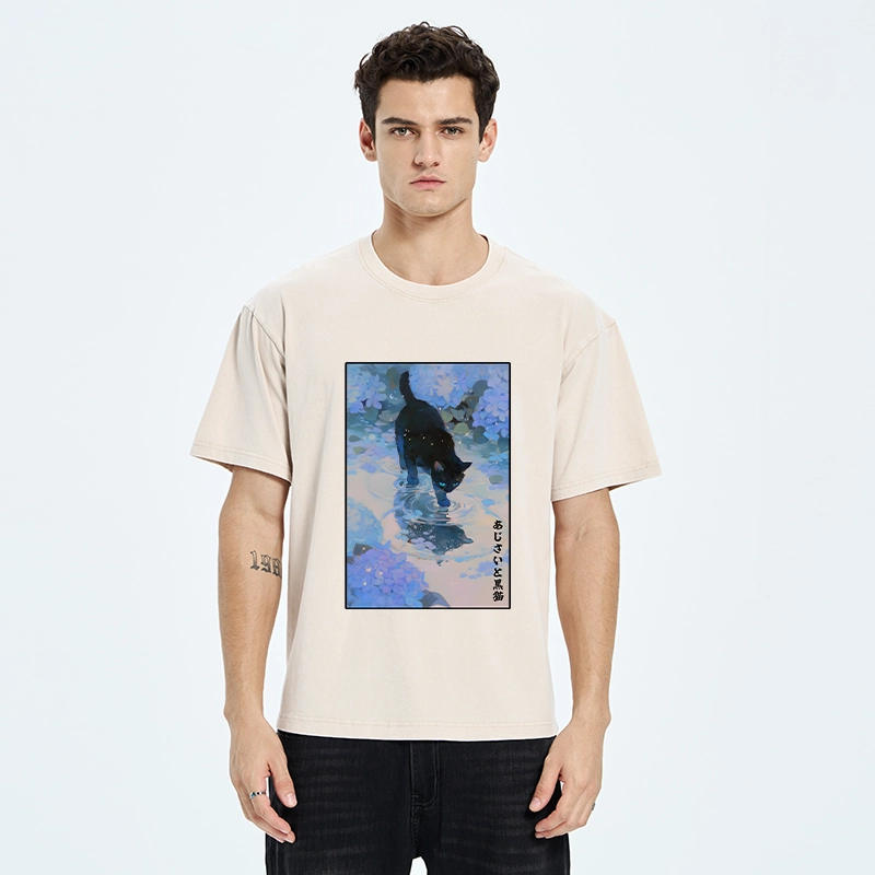 Tokyo-Tiger Midnight Cat In The Blue Rain Washed T-Shirt