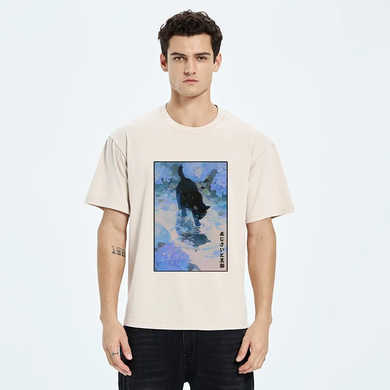 Tokyo-Tiger Midnight Cat In The Blue Rain Washed T-Shirt