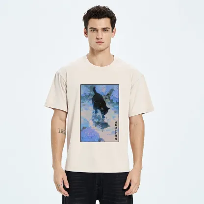 Tokyo-Tiger Midnight Cat In The Blue Rain Washed T-Shirt