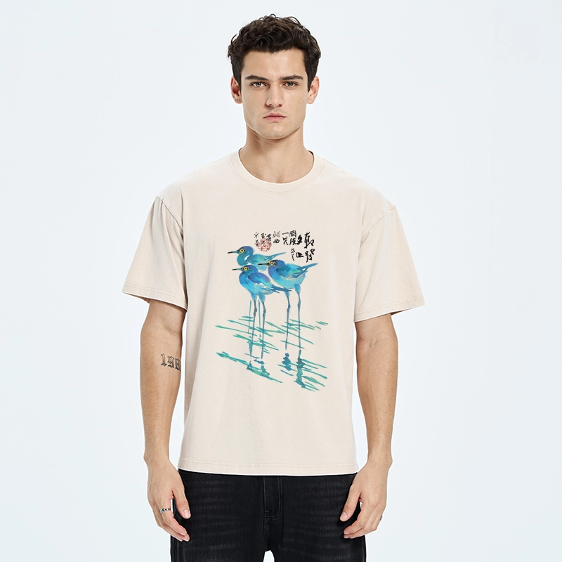 Tokyo-Tiger Watercolor Herons In Reeds Washed T-Shirt