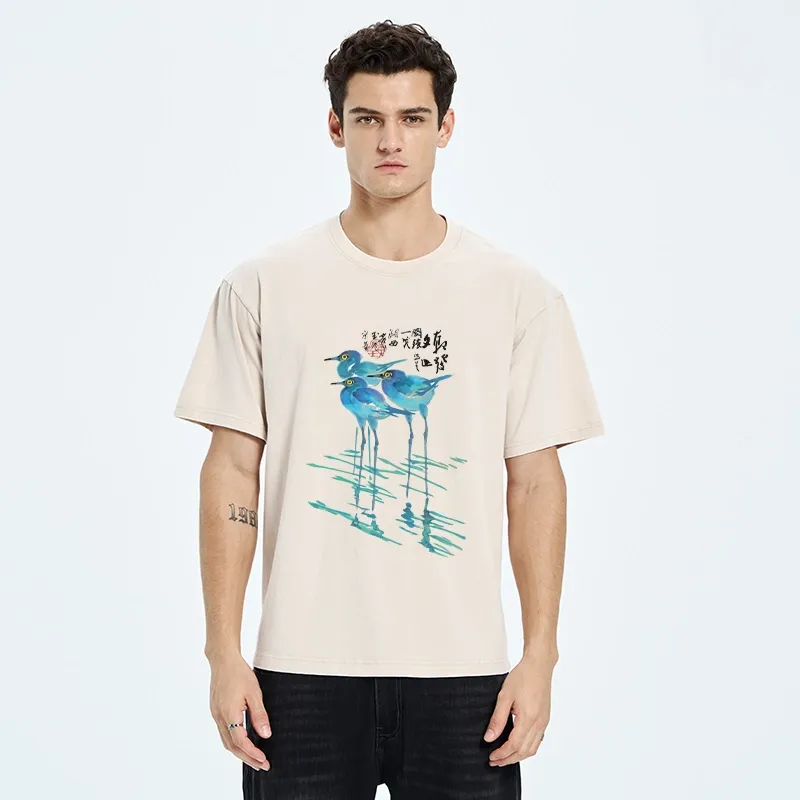 Tokyo-Tiger Watercolor Herons In Reeds Washed T-Shirt