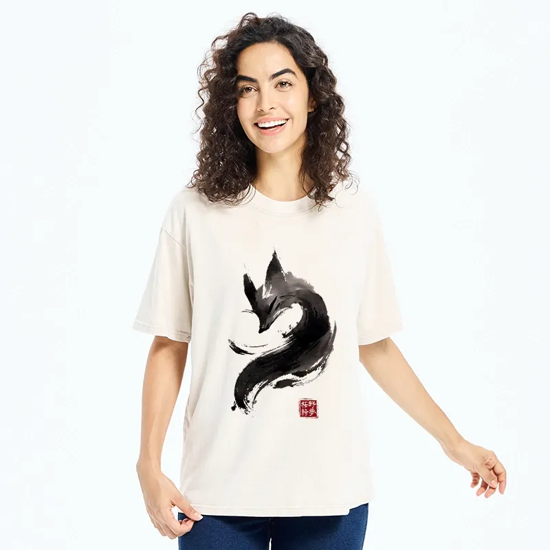 Tokyo-Tiger Japanese Ink Wash Fox Art Washed T-Shirt
