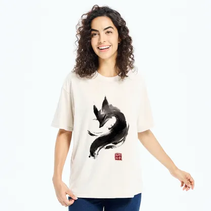 Tokyo-Tiger Japanese Ink Wash Fox Art Washed T-Shirt