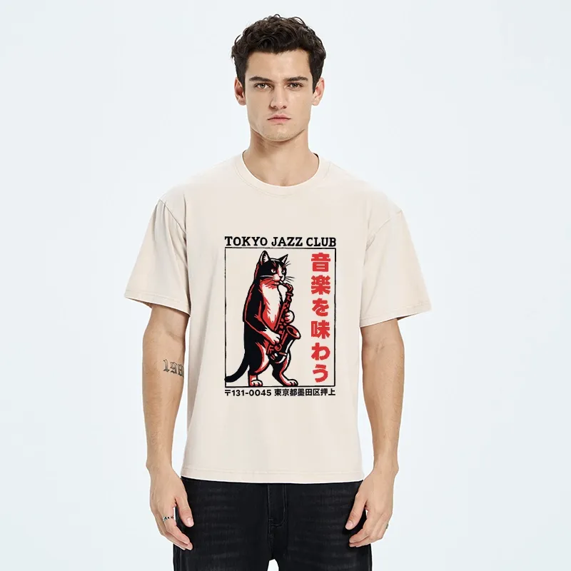 Tokyo-Tiger Retro Jazz Cat Poster Washed T-Shirt