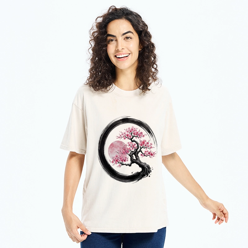 Tokyo-Tiger Zen Sakura Tree With Pink Moon Washed T-Shirt
