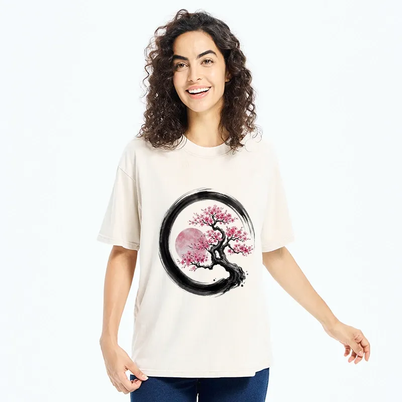 Tokyo-Tiger Zen Sakura Tree With Pink Moon Washed T-Shirt