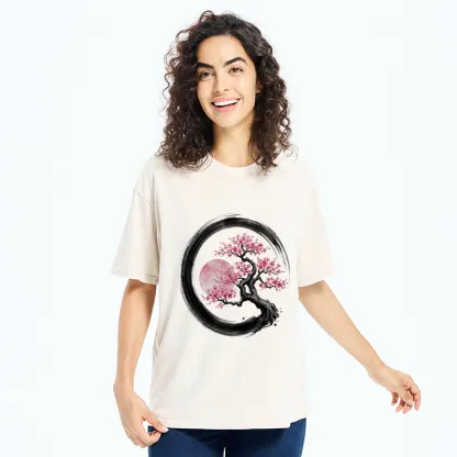 Tokyo-Tiger Zen Sakura Tree With Pink Moon Washed T-Shirt
