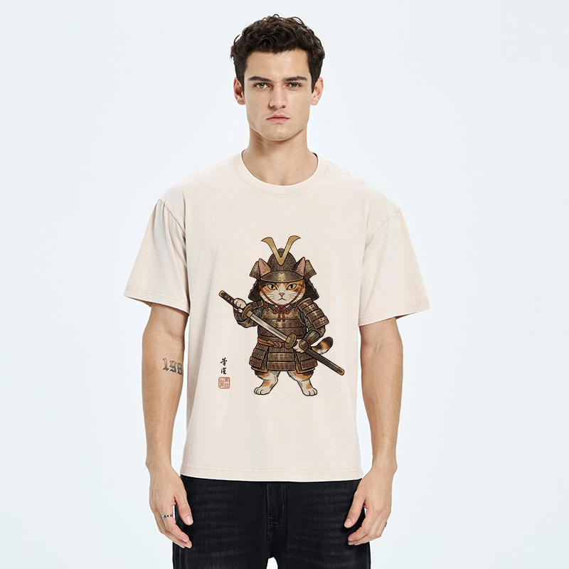 Tokyo-Tiger Samurai Cat With Katana Sword Washed T-Shirt
