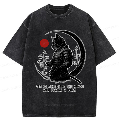 Tokyo-Tiger Zen Cat: Warrior of Serenity Washed T-Shirt