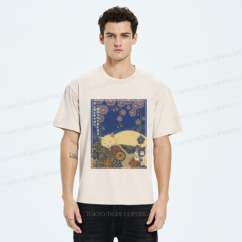 Tokyo-Tiger Ukiyoe Wisteria Flowers and Cats Washed T-Shirt