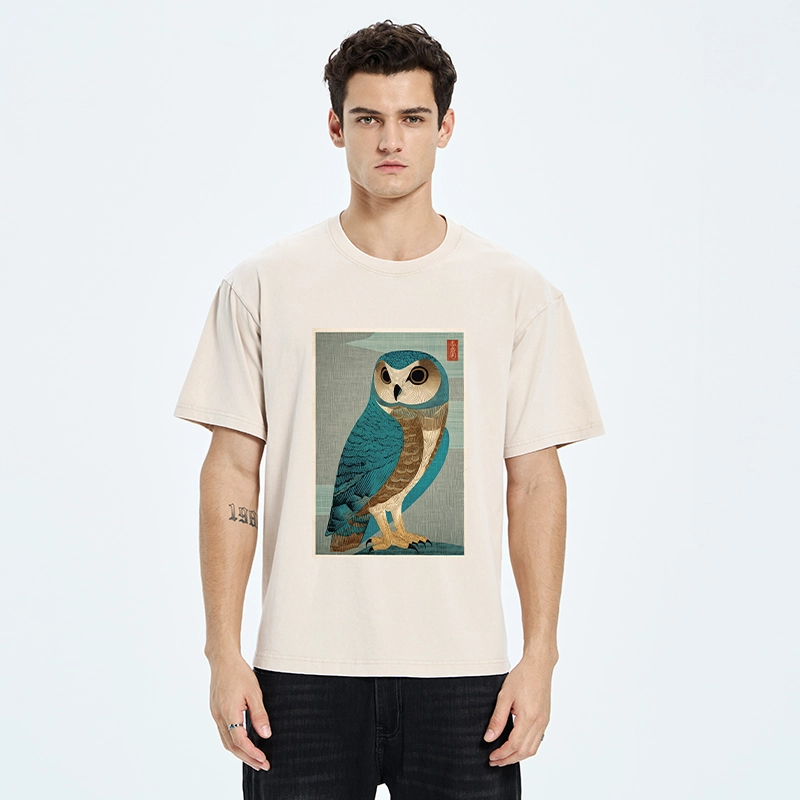 Tokyo-Tiger Vintage Owl Woodblock Art Washed T-Shirt