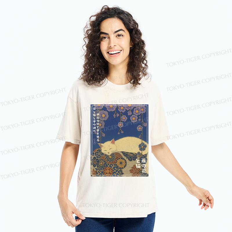 Tokyo-Tiger Ukiyoe Wisteria Flowers and Cats Washed T-Shirt
